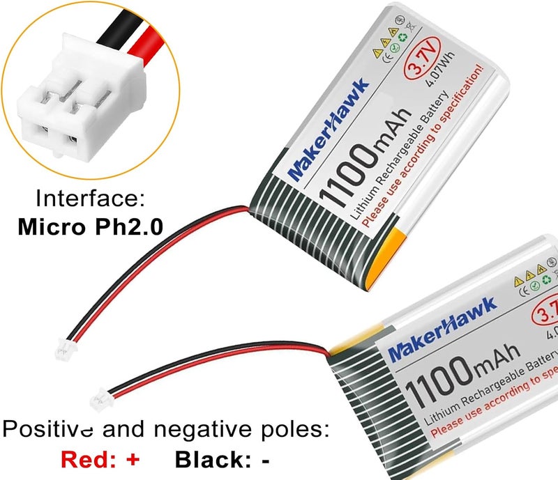MakerHawk 2PCS 3.7V 1100mAh LiPo Battery Rechargeable 102540 JST2.0 Plug Lithium Polymer Battery with 1000mA USB Charger Cable and Protection Board Insulated Rubber Tape for Electronic Device RC Car Drones - Image 3